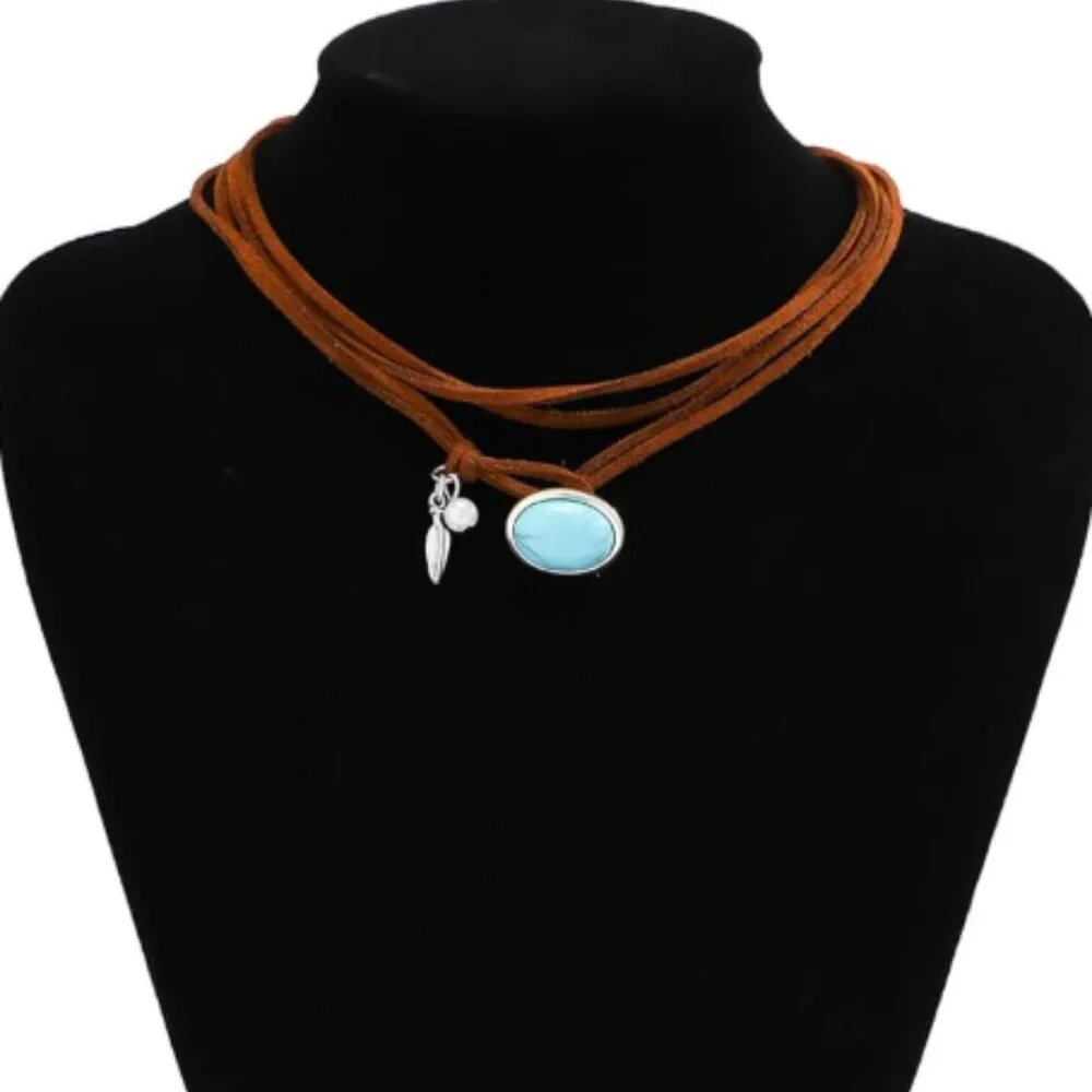 Boho Vintage Turquoise Pendant Choker, Bohemian, Vacation, Leather Cord